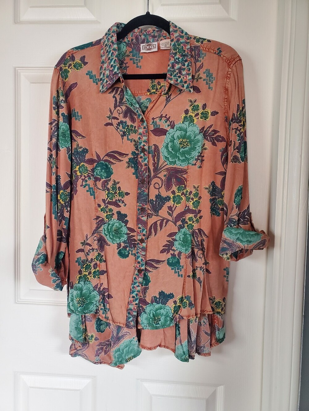 Rod's Western Floral Tunic Blouse Button-up Long Sleeves Flutter Back Size Small